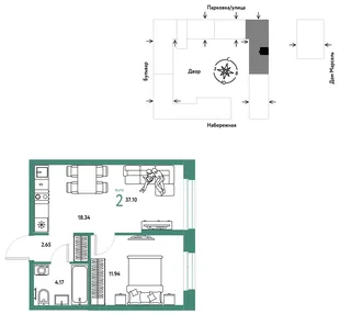 Планировка 2-комн. квартира, 37.1 м² ЖК «Европейский берег 2.0»