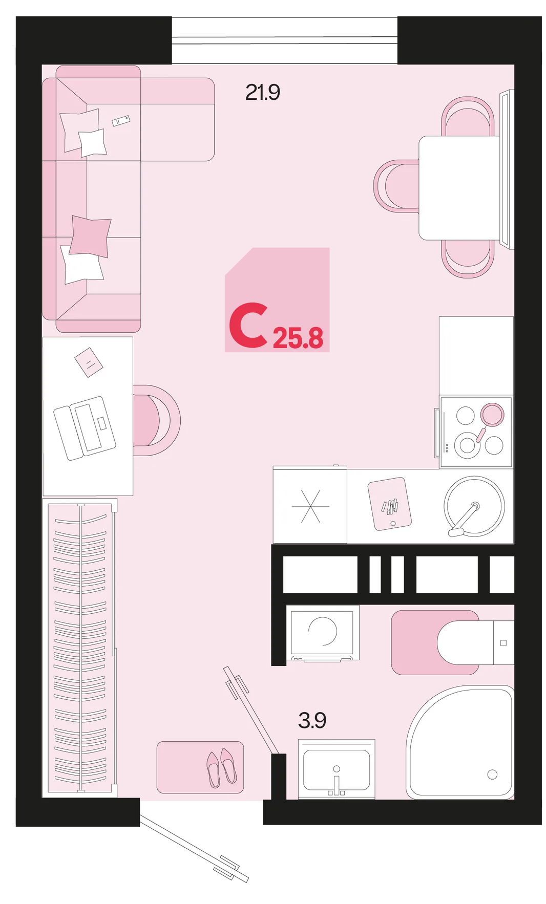 Планировка Студия, 25.8 м² ЖК «Первое место»