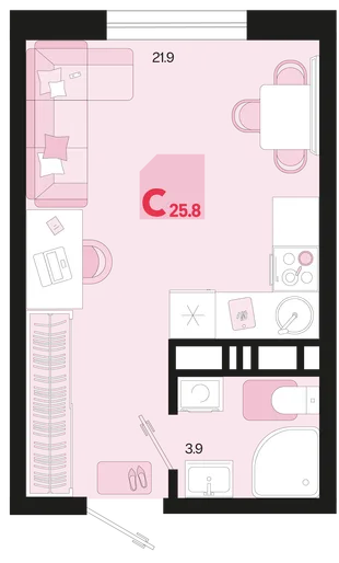 Планировка Студия, 25.8 м² ЖК «Первое место»