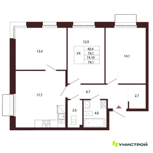 Планировка 3-комн. квартира, 74.1 м² ЖК «Лисино»