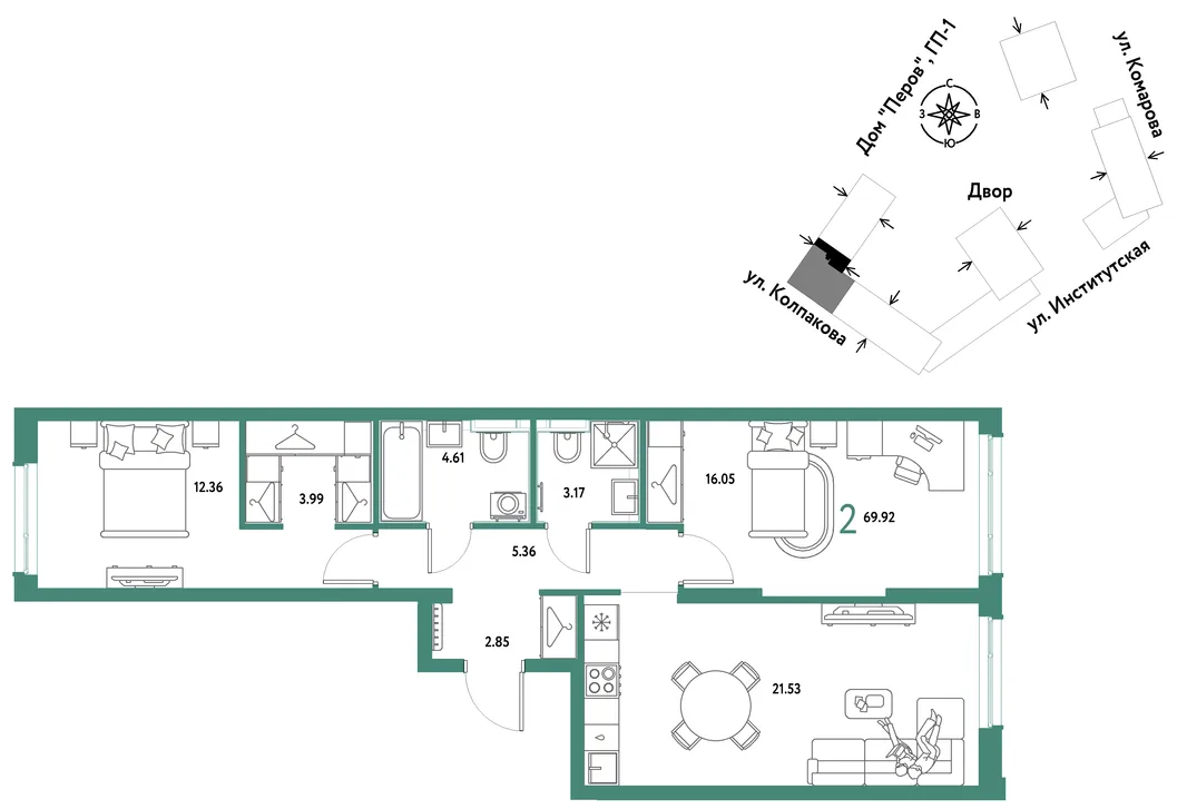Планировка 2-комн. квартира, 69.92 м² ЖК «Страна.Парковая»