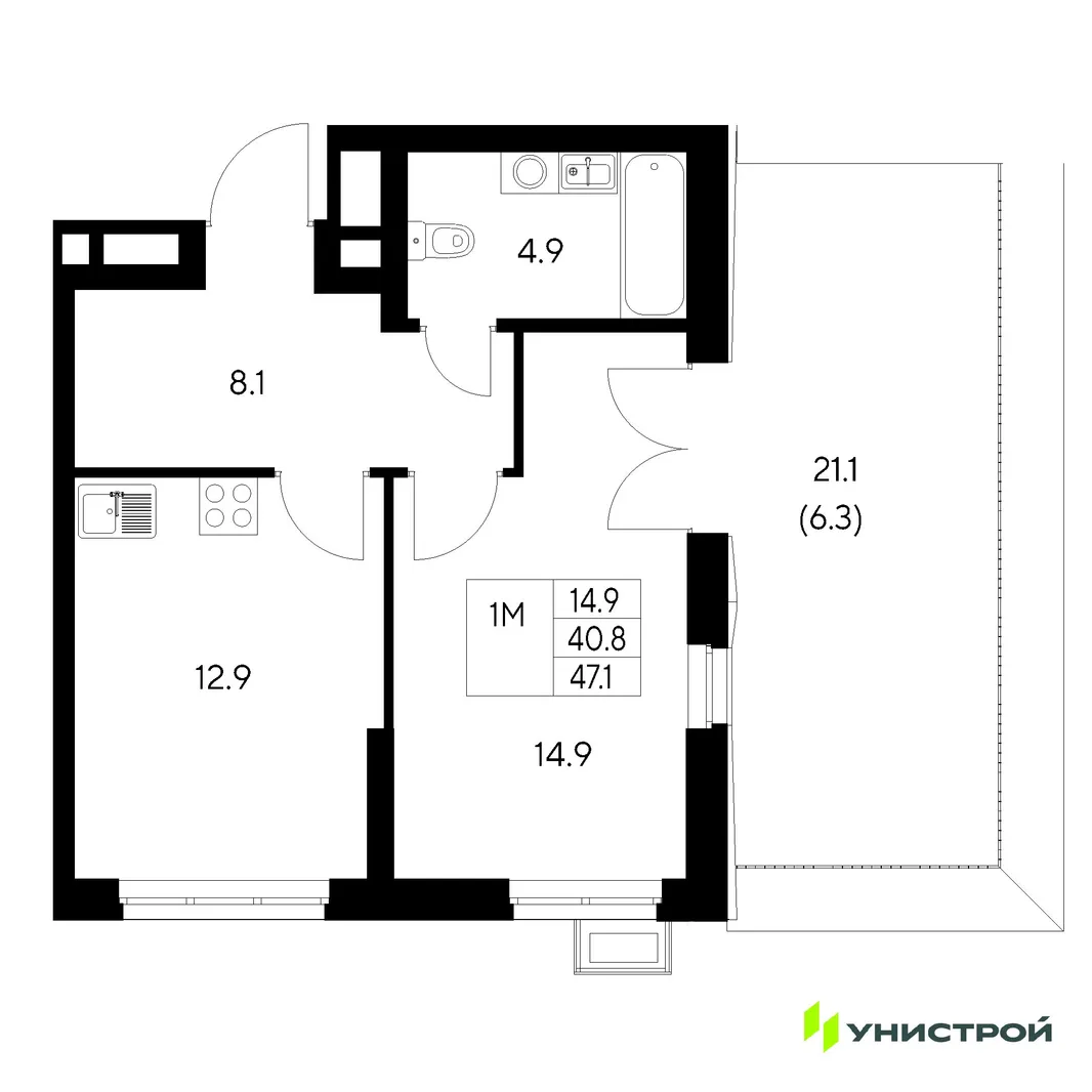 Планировка 1-комн. квартира, 47.1 м² ЖК «Стадиум»