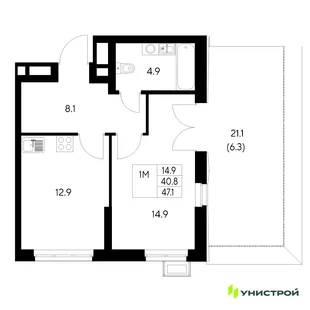 Планировка 1-комн. квартира, 47.1 м² ЖК «Стадиум»