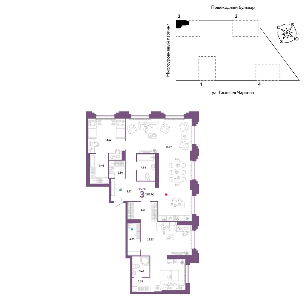 Планировка 3-комн. квартира, 128.63 м² ЖК «Микрорайон Звездный»
