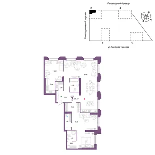 Планировка 3-комн. квартира, 128.63 м² ЖК «Микрорайон Звездный»