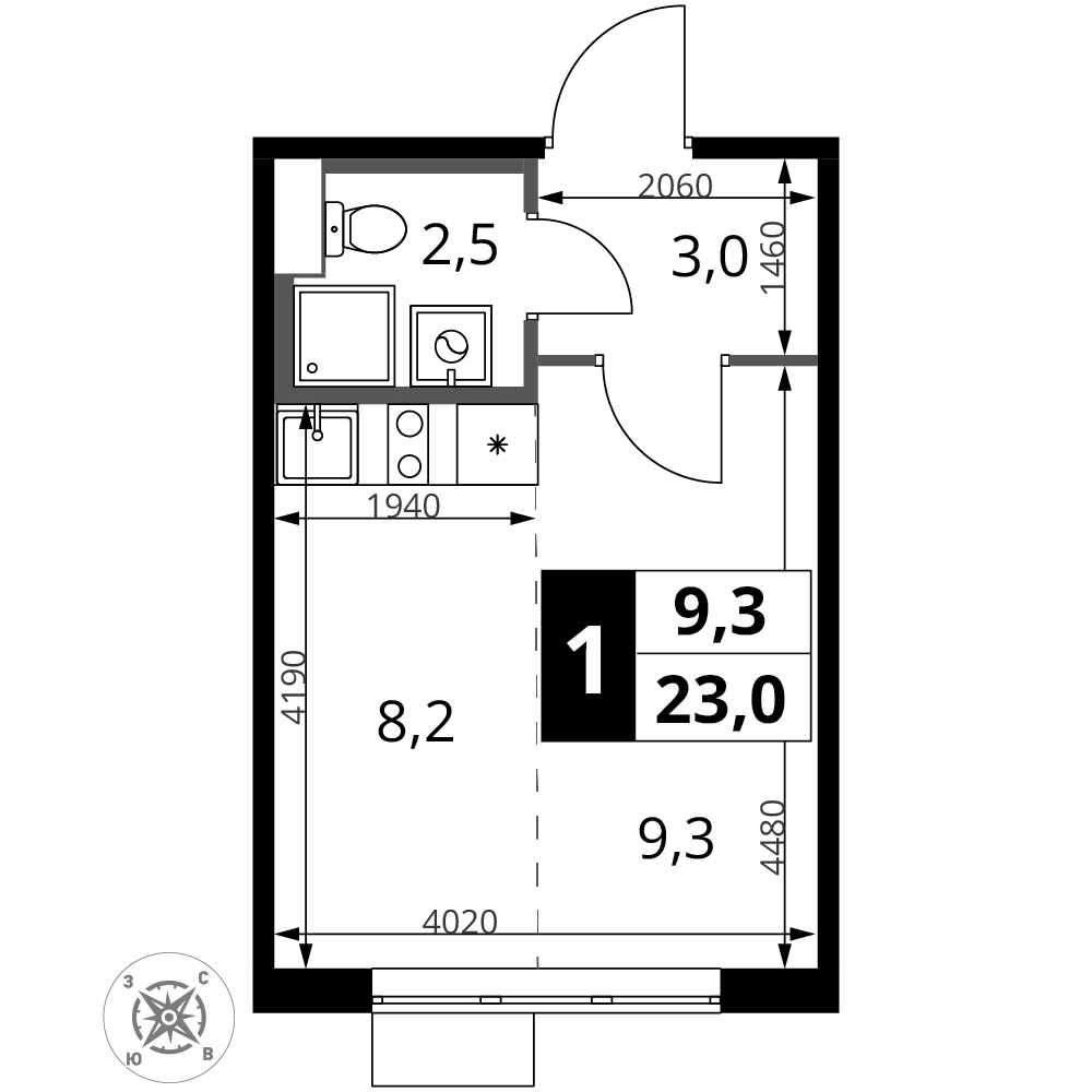Планировка Студия, 23 м² ЖК «1-й Шереметьевский»