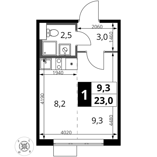 Планировка Студия, 23 м² ЖК «1-й Шереметьевский» Планировка Студия, 23 м² ЖК «1-й Шереметьевский»
