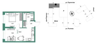 Планировка 2-комн. квартира, 38.02 м² ЖК «Остров-сад»