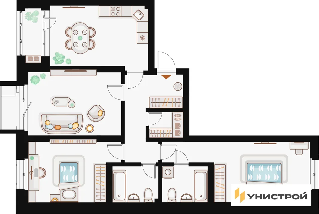 Планировка 3-комн. квартира, 92.65 м² ЖК «Жилой кластер Q на Кулагина»