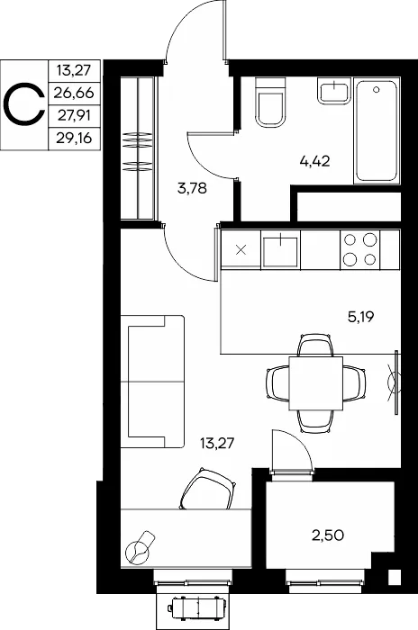 Планировка Студия, 29.16 м² ЖК «Прибрежный дом»