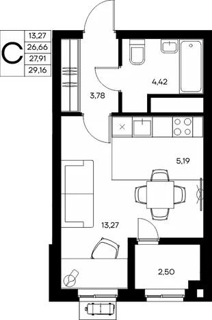 Планировка Студия, 29.16 м² ЖК «Прибрежный дом»