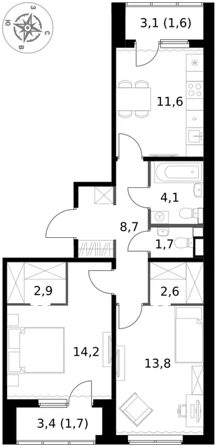 Квартира 2-комн. квартира, 62.9 м² ЖК «1-й Ясеневский» Фото 1