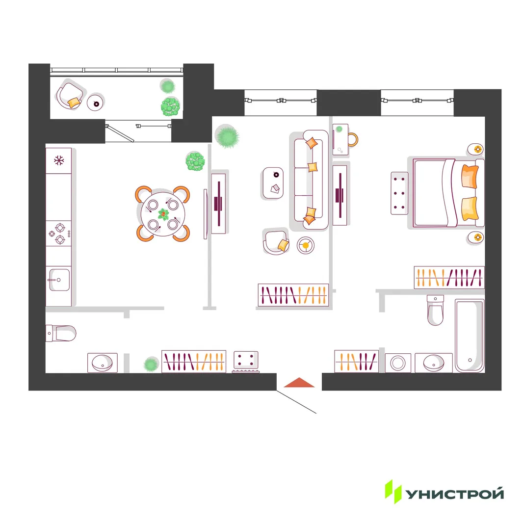 Планировка 2-комн. квартира, 56.78 м² ЖК «Южный бульвар 2»