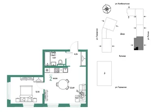Планировка 2-комн. квартира, 44.64 м² ЖК «Уральский сад»