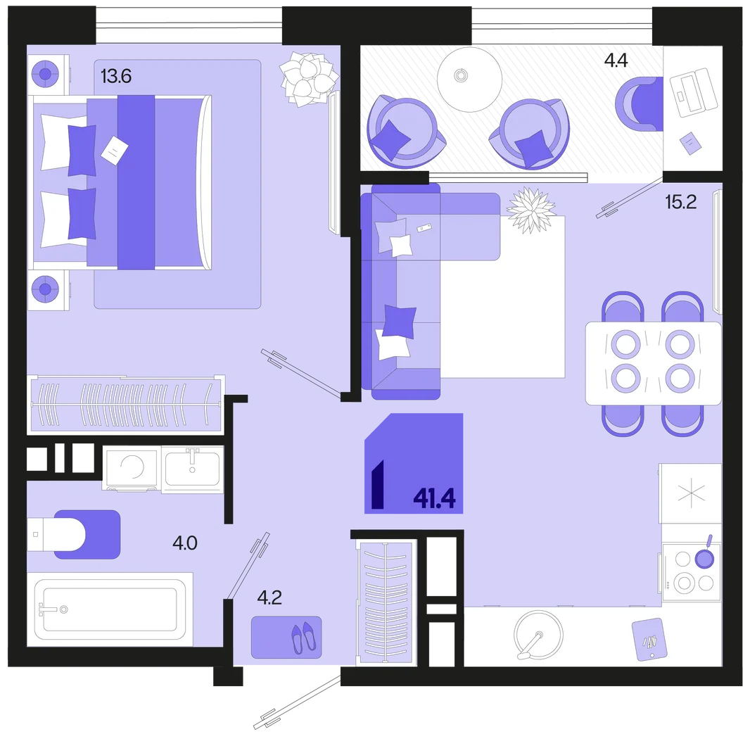 Планировка 1-комн. квартира, 41.4 м² ЖК «Первое место»