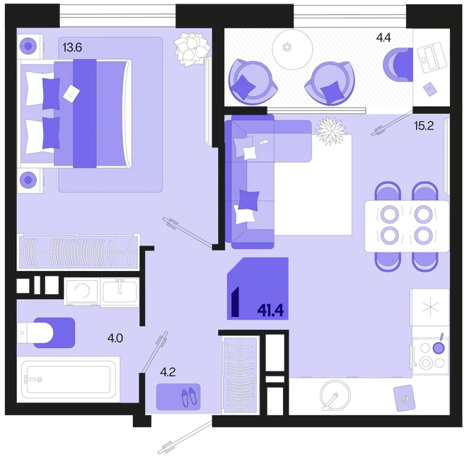 Планировка 1-комн. квартира, 41.4 м² ЖК «Первое место» Планировка 1-комн. квартира, 41.4 м² ЖК «Первое место»