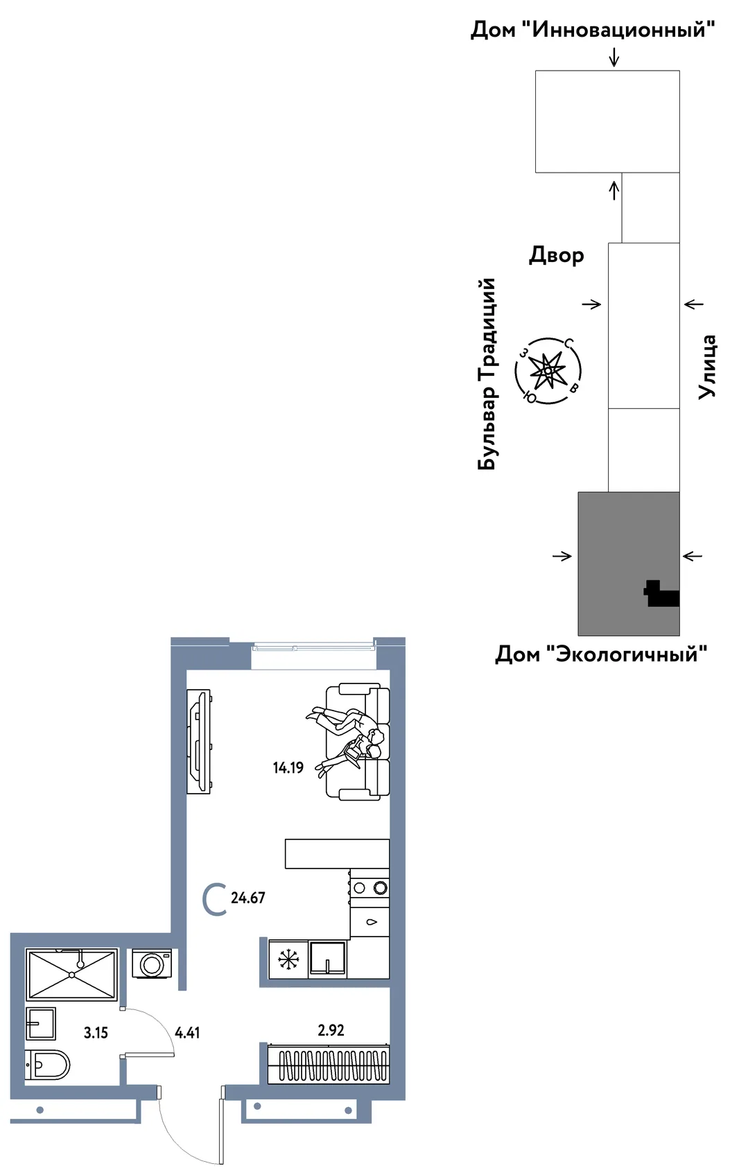 Планировка Студия, 24.67 м² ЖК «Микрорайон Домашний»