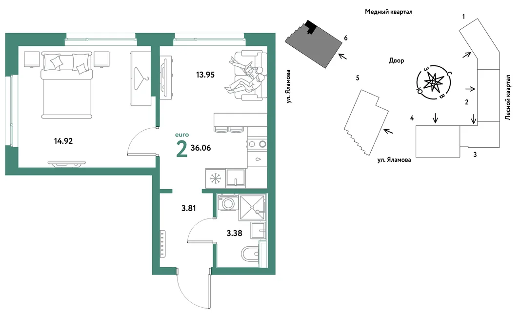 Планировка 2-комн. квартира, 36.06 м² ЖК «Сибирский сад»