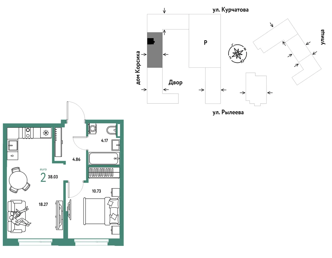 Планировка 2-комн. квартира, 38.03 м² ЖК «Остров-сад»