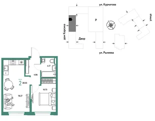 Планировка 2-комн. квартира, 38.03 м² ЖК «Остров-сад»