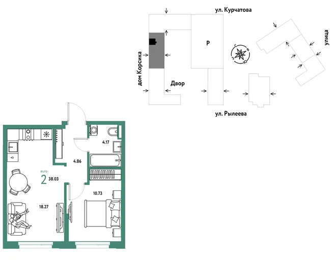 Планировка 2-комн. квартира, 38.03 м² ЖК «Остров-сад» Планировка 2-комн. квартира, 38.03 м² ЖК «Остров-сад»