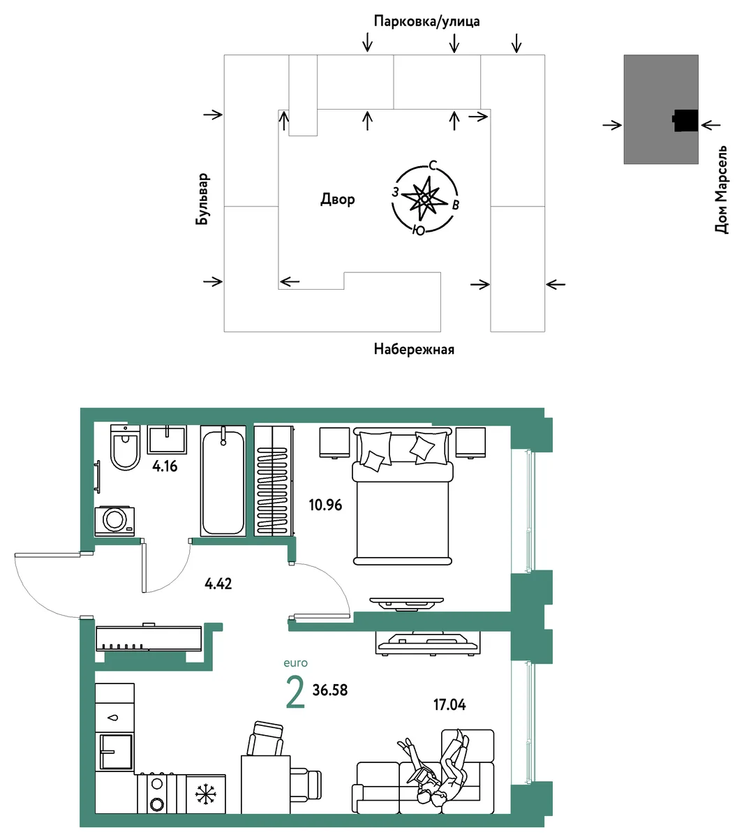 Планировка 2-комн. квартира, 36.58 м² ЖК «Европейский берег 2.0»