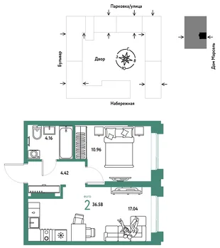 Планировка 2-комн. квартира, 36.58 м² ЖК «Европейский берег 2.0»