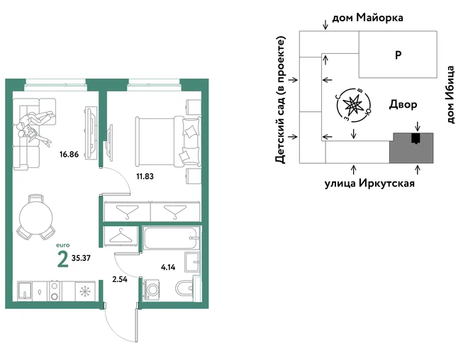Планировка 2-комн. квартира, 35.37 м² ЖК «Остров-сад» Планировка 2-комн. квартира, 35.37 м² ЖК «Остров-сад»