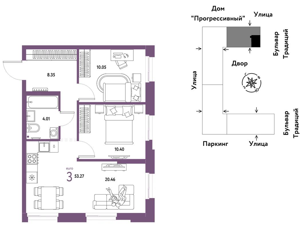 Планировка 3-комн. квартира, 53.27 м² ЖК «Микрорайон Домашний»