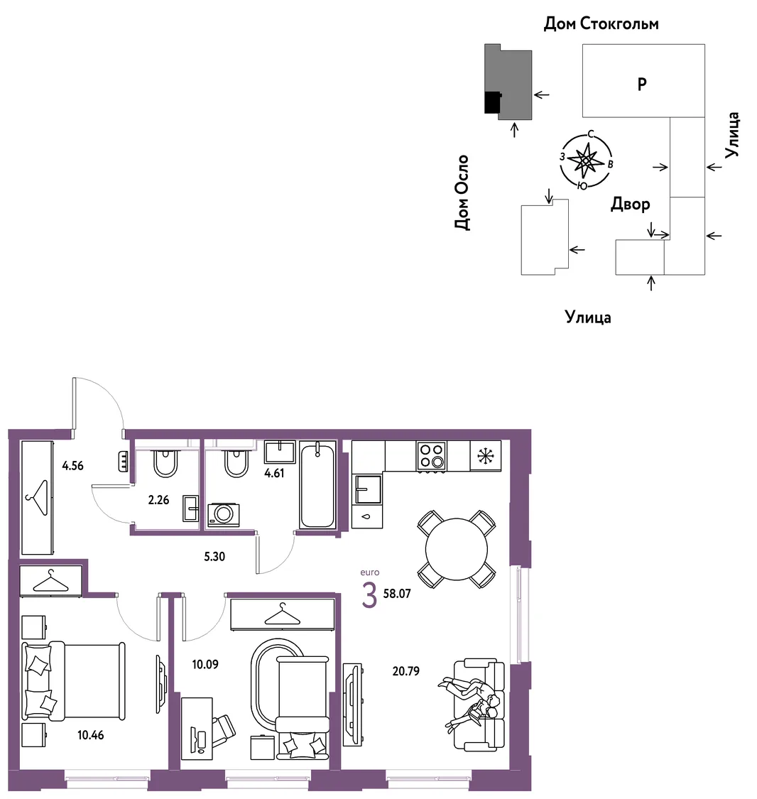 Планировка 3-комн. квартира, 58.07 м² ЖК «Европейский берег 2.0»