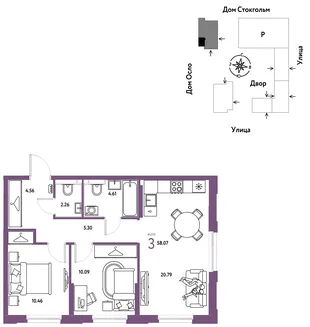 Планировка 3-комн. квартира, 58.07 м² ЖК «Европейский берег 2.0»