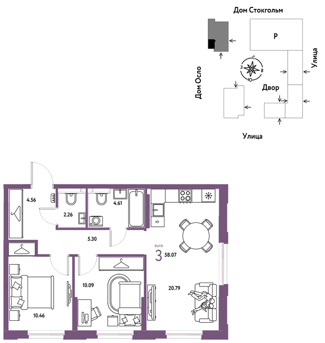 Планировка 3-комн. квартира, 58.07 м² ЖК «Европейский берег 2.0» Планировка 3-комн. квартира, 58.07 м² ЖК «Европейский берег 2.0»