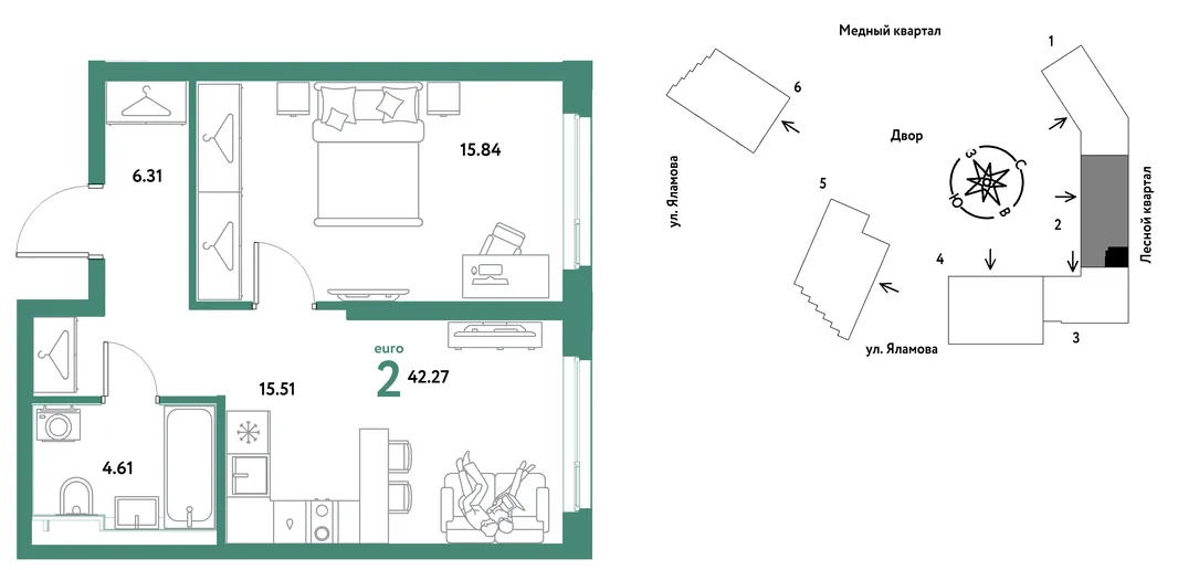 Планировка 2-комн. квартира, 42.27 м² ЖК «Сибирский сад»