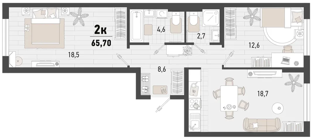 Планировка 2-комн. квартира, 65.7 м² ЖК «Барса»