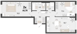 Планировка 2-комн. квартира, 65.7 м² ЖК «Барса»