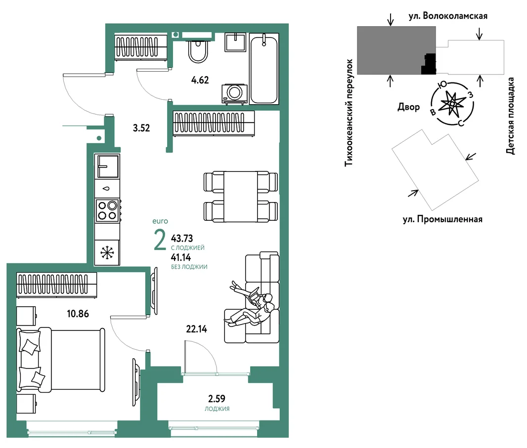 Планировка 2-комн. квартира, 43.73 м² ЖК «Страна Прибрежная»