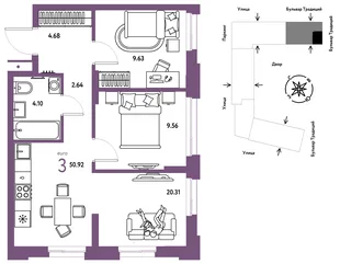 Планировка 3-комн. квартира, 50.92 м² ЖК «Микрорайон Домашний»