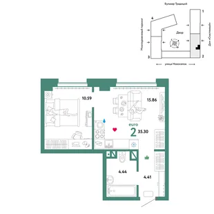 Планировка 2-комн. квартира, 35.3 м² ЖК «Микрорайон Домашний»