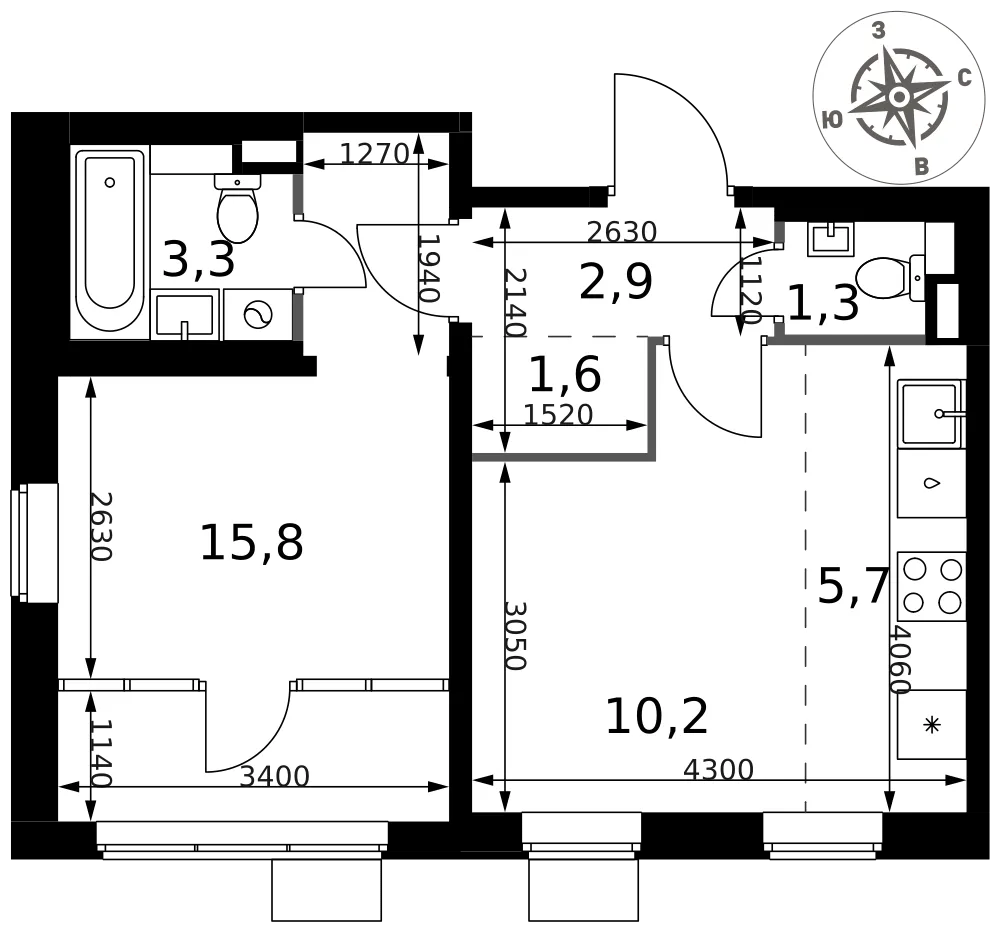 Планировка 2-комн. квартира, 40.8 м² ЖК «1-й Химкинский»