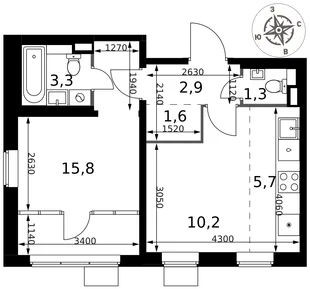 Планировка 2-комн. квартира, 40.8 м² ЖК «1-й Химкинский»