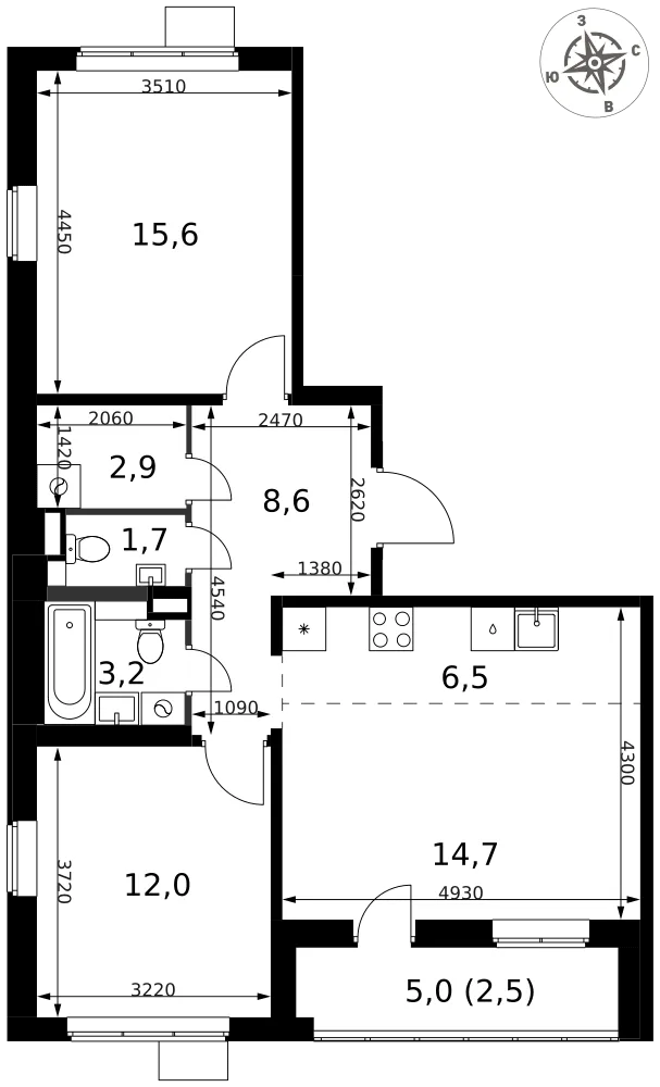 Планировка 3-комн. квартира, 67.7 м² ЖК «1-й Химкинский»