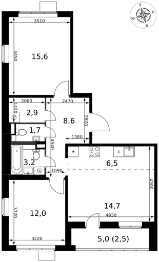 Планировка 3-комн. квартира, 67.7 м² ЖК «1-й Химкинский»