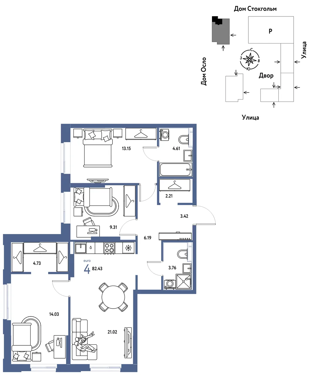Планировка 4-комн. квартира, 82.43 м² ЖК «Европейский берег 2.0»
