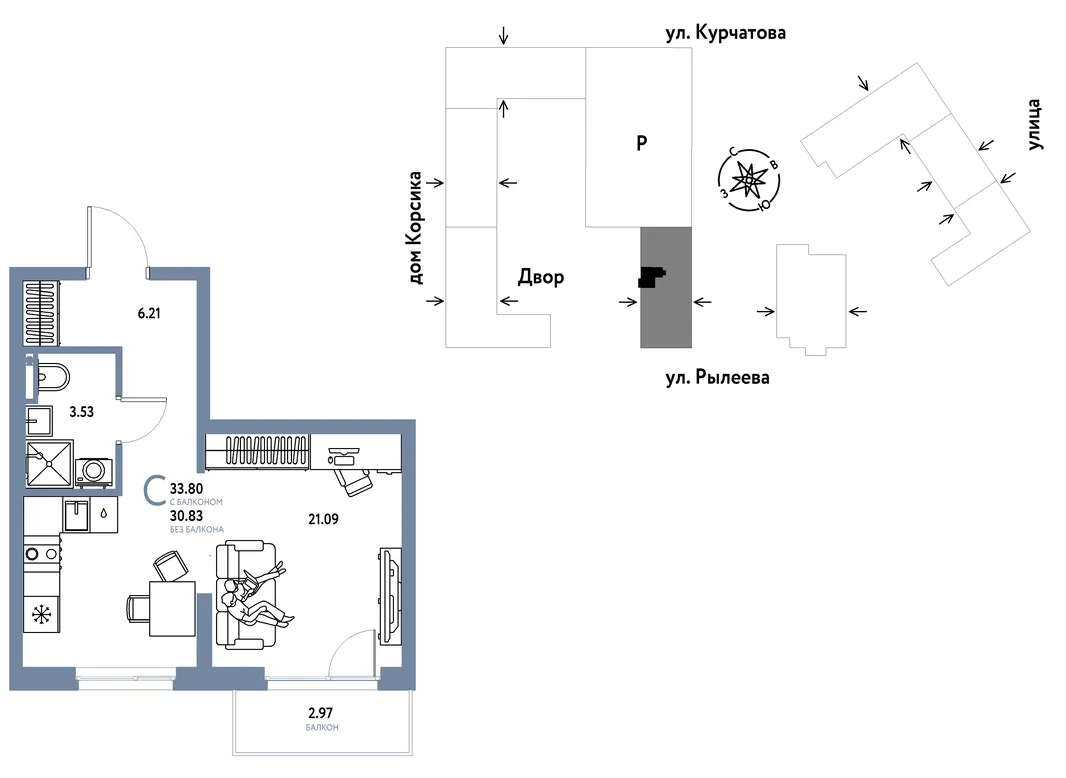 Планировка Студия, 33.78 м² ЖК «Остров-сад»