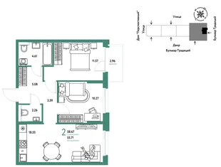 Планировка 2-комн. квартира, 58.67 м² ЖК «Микрорайон Домашний»