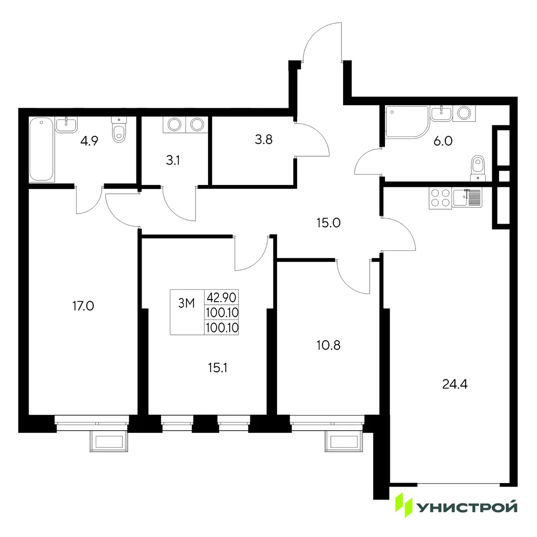 Планировка 3-комн. квартира, 100.1 м² ЖК «Стадиум»
