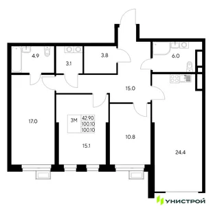 Планировка 3-комн. квартира, 100.1 м² ЖК «Стадиум»