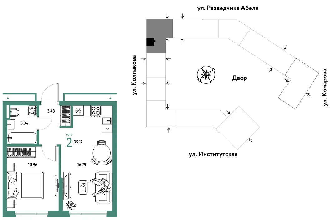 Планировка 2-комн. квартира, 35.17 м² ЖК «Страна.Парковая»
