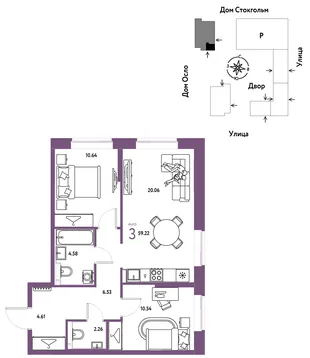 Планировка 3-комн. квартира, 59.22 м² ЖК «Европейский берег 2.0»