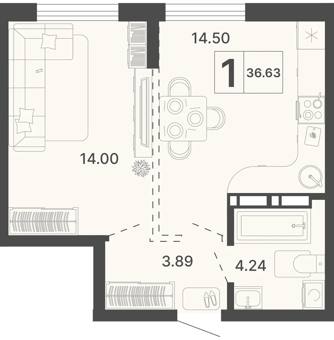 Планировка 1-комн. квартира, 36.63 м² ЖК «Светский лес»
